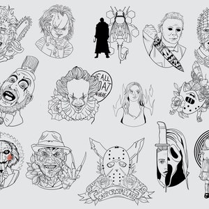 May include: Black and white line art illustrations of horror movie characters, including Jason Voorhees, Freddy Krueger, Michael Myers, and Pennywise the Dancing Clown.  The illustrations are surrounded by roses and other floral elements.