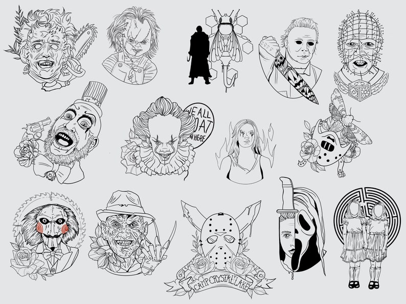 May include: Black and white line art illustrations of horror movie characters, including Jason Voorhees, Freddy Krueger, Michael Myers, and Pennywise the Dancing Clown.  The illustrations are surrounded by roses and other floral elements.