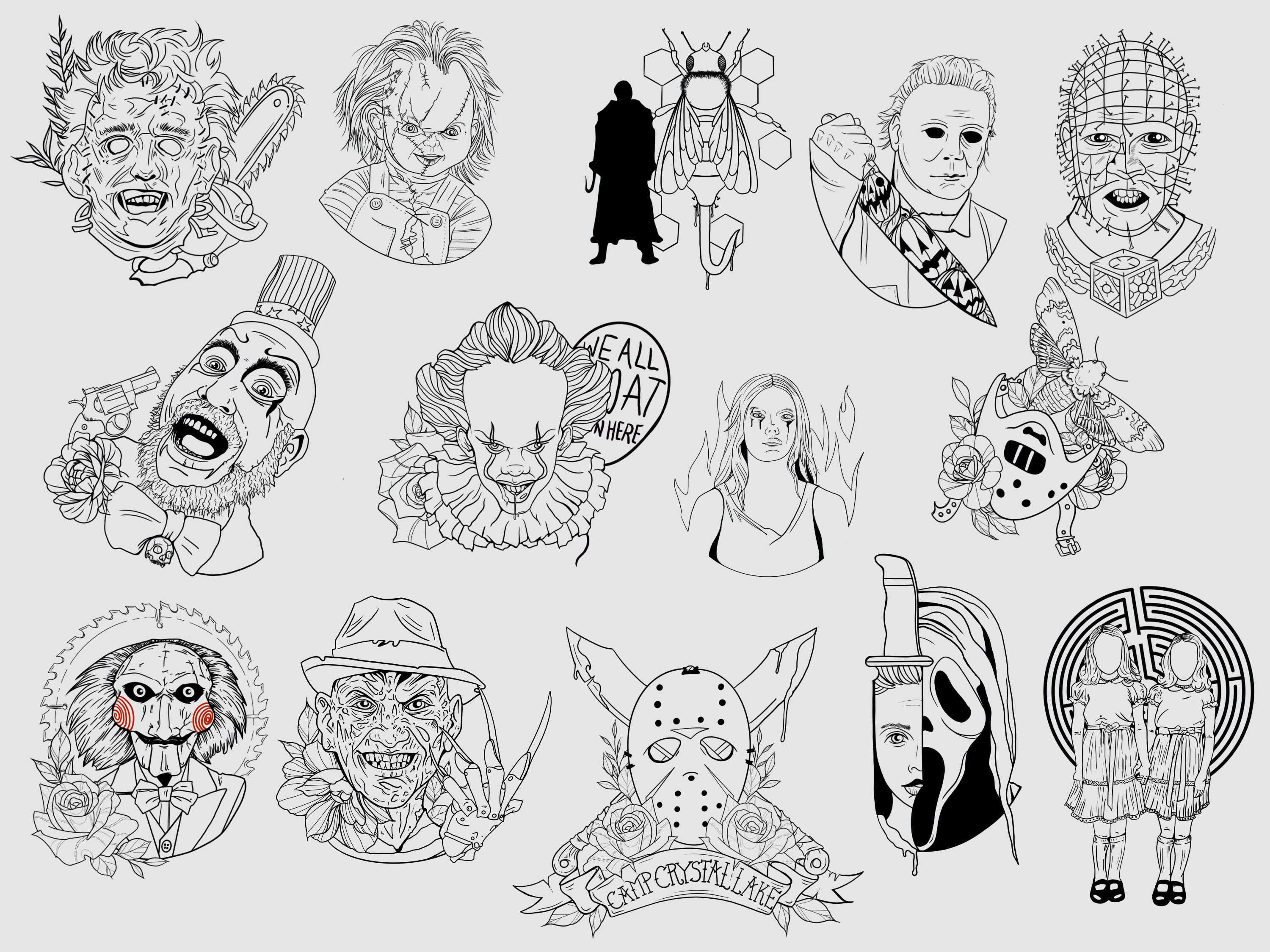 Horror Movie Villains Halloween Tattoo Flash PNG/SVG Digital Design