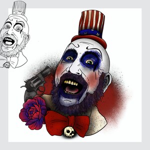 May include: A digital illustration of a man with a white face, blue and red clown makeup, and a red, white and blue top hat. He is wearing a red bow tie with a skull charm. He is holding a gun in his right hand and a red rose in his left hand. The background is a red and white splatter pattern.
