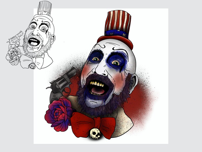 May include: A digital illustration of a man with a white face, blue and red clown makeup, and a red, white and blue top hat. He is wearing a red bow tie with a skull charm. He is holding a gun in his right hand and a red rose in his left hand. The background is a red and white splatter pattern.