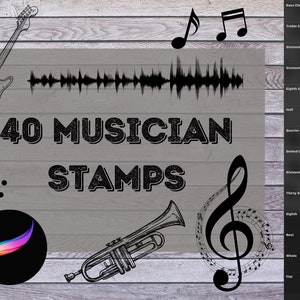 Könnte beinhalten: Ein Satz von 40 Musiker-Stempeln mit Noten, Schlüsseln und anderen musikalischen Symbolen. Die Stempel sind schwarzweiß und haben einen Vintage-Look. Der Text "40 MUSICIAN STAMPS" ist in der Mitte des Bildes dargestellt.