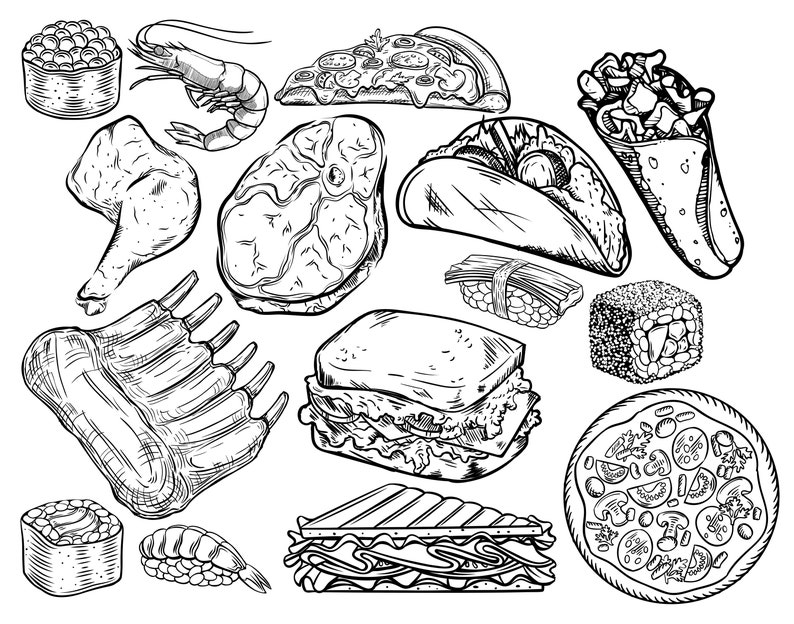 Pode incluir: Um desenho a preto e branco de v&aacute;rios alimentos, incluindo sushi, pizza, tacos, sandu&iacute;ches, costeletas, camar&otilde;es e bife.