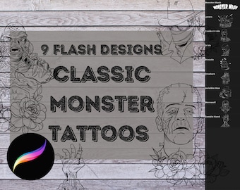 Classic Monsters Tattoo Flash ProCreate Stamp Pack Bundle - Brushes for iPad | Frankenstein, Dracula, Halloween, & Horror Designs