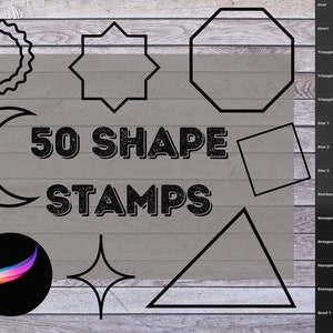May include: A set of 50 black and white shape stamps on a woodgrain background. The text "50 SHAPE STAMPS" is in the center of the image. The shapes include a star, heart, circle, crescent moon, square, triangle, hexagon, octagon, and pentagon.