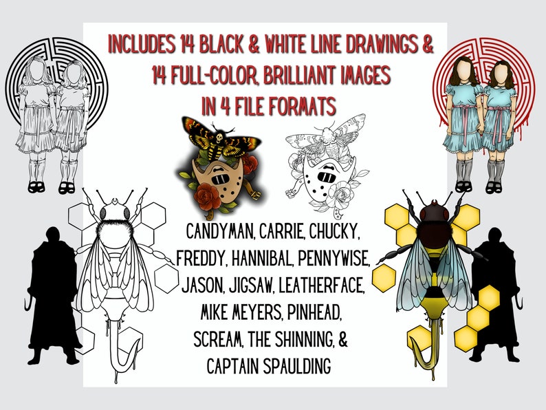 May include: A digital illustration set featuring 14 horror movie characters, including Candyman, Carrie, Chucky, Freddy, Hannibal, Pennywise, Jason, Jigsaw, Leatherface, Mike Meyers, Pinhead, Scream, The Shining, and Captain Spaulding. The illustrations are available in both black and white line drawings and full-colour images.