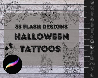 Halloween Tattoo Flash ProCreate Stamps - Brush Bundle for iPad | Halloween, Pumpkin, Witch, Spooky, Plague Designs