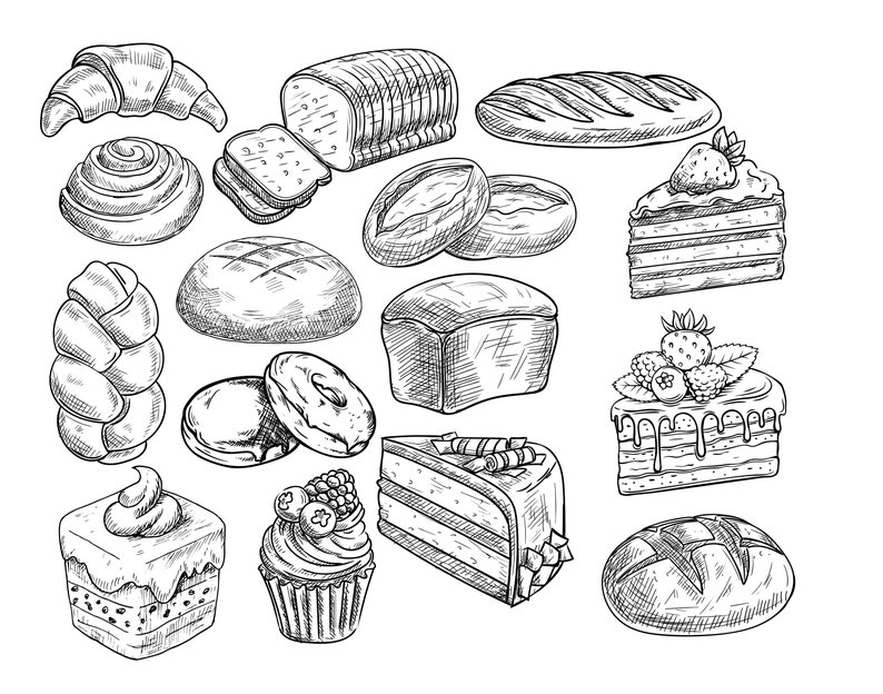 Pode incluir: Uma cole&ccedil;&atilde;o de itens de padaria desenhados &agrave; m&atilde;o, incluindo p&atilde;o, pastelaria, bolos e donuts. Os itens s&atilde;o desenhados em preto e branco e t&ecirc;m um estilo vintage.