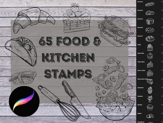 ProCreate Food & Kitchen Stamp Pack - Brushes for iPad | Sushi - Fast Food - Baked Goods - Kitchen Supplies Bundle