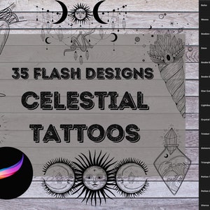 May include: A digital illustration of 35 celestial tattoo designs. The designs include a snake, a crystal, a moon, a sun, a star, a snake catcher, a lighthouse, a crystal cone, a trinket, a universe, a triangle, a potion, and a uterus. The text "35 FLASH DESIGNS CELESTIAL TATTOOS" is in the centre of the image.