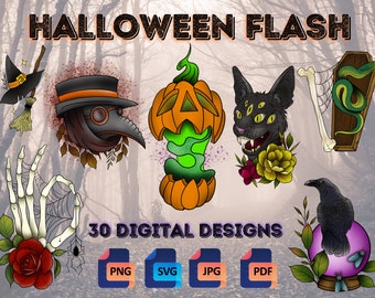 Halloween Flash Designs | PNG/SVG Digital Design Files for Tattoos, T-Shirts, Stickers, Cricut Die Cut, Sublimation, Patterns & More!