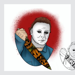 May include: A digital illustration of a horror movie character wearing a white mask and holding a knife with pumpkins on it. The background is red with white splatters.