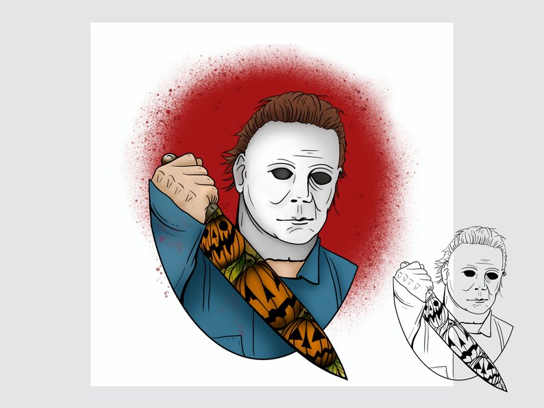 May include: A digital illustration of a horror movie character wearing a white mask and holding a knife with pumpkins on it. The background is red with white splatters.