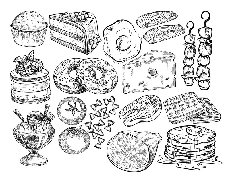 Pode incluir: Um desenho a preto e branco de v&aacute;rios alimentos, incluindo um cupcake, um bolo, donuts, uma fatia de queijo, um waffle, um espeto de carne, um peda&ccedil;o de salm&atilde;o, um ovo, uma tigela de sorvete, um tomate, um peda&ccedil;o de presunto e uma pilha de panquecas.