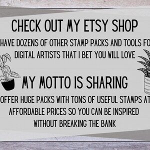 Puede incluir: Un cartel blanco con texto negro sobre un fondo de madera. El texto dice "Visita mi tienda Etsy. Tengo docenas de otros paquetes de sellos y herramientas para artistas digitales que te encantar&aacute;n. Mi lema es compartir. Ofrezco paquetes enormes con toneladas de sellos &uacute;tiles a precios asequibles para que puedas inspirarte sin arruinarte."