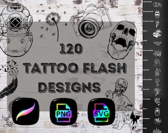120 Tattoo Flash Designs | ProCreate Stamp Brushes, SVG, PNG (Digital Download)