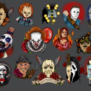 May include: A collection of 12 horror movie character illustrations. Each illustration is in a cartoon style and features a different character from a popular horror movie. The characters include Freddy Krueger, Jason Voorhees, Michael Myers, Pennywise the Dancing Clown, Chucky, and more.