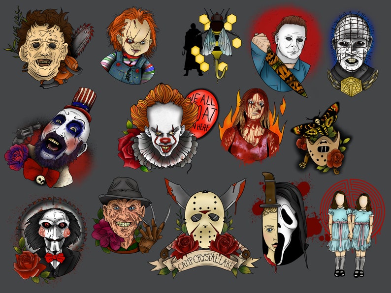May include: A collection of 12 horror movie character illustrations. Each illustration is in a cartoon style and features a different character from a popular horror movie. The characters include Freddy Krueger, Jason Voorhees, Michael Myers, Pennywise the Dancing Clown, Chucky, and more.