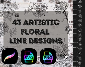 43 Floral Line Designs | ProCreate Stamp Brushes, SVG, PNG (Digital Download)