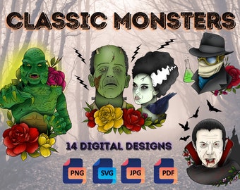 Halloween - Classic Monsters - Cult Horror Tattoo Flash | PNG/SVG Digital Design Files for Tattoos, T-Shirts, Die Cut, Sublimation, & More!