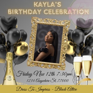 Black And Gold Birthday Invitation, Editable Black and Gold Invite, Classy Birthday Flyer, Birthday Flyer Template, Canva Invite