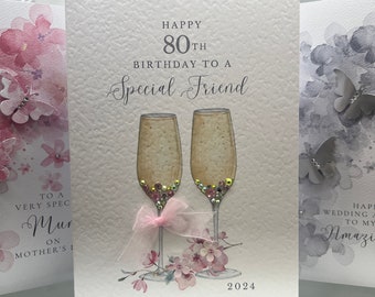 Personalised Birthday Card, Handmade Personalised Card, Pink Card, Granddaughter, Daughter, Mum, Grandma Birthday, With 3d Pink Flowers