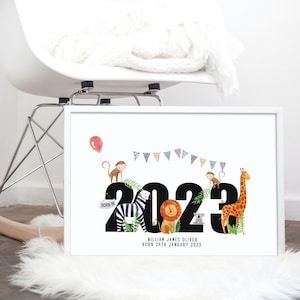 Personalised Safari Animal Print, Zoo Print, Jungle Print, Birth Details Print, New Baby Gift, New Parents Gift, Elephant, Lion, Giraffe