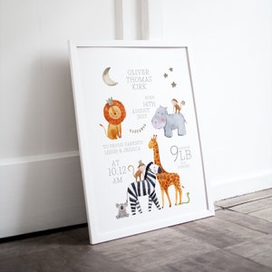 Personalised Safari Animal Print, Zoo Print, Jungle Print, Birth Details Print, New Baby Gift, New Parents Gift, Elephant, Lion, Giraffe