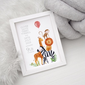 Personalised Safari Animal Print, Zoo Print, Jungle Print, Birth Details Print, New Baby Gift, New Parents Gift, Elephant, Lion, Giraffe