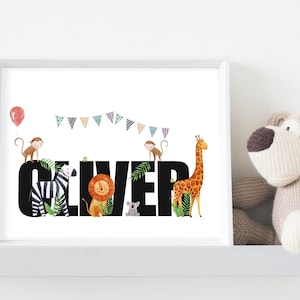 Personalised Safari Animal Print, Zoo Print, Jungle Print, Name Print, New Baby Gift, New Parents Gift, Elephant, Lion, Giraffe