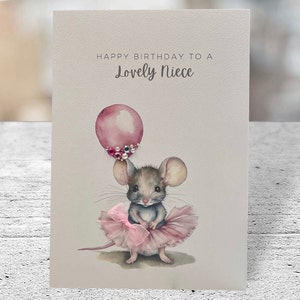 Carte d'anniversaire nièce personnalisée, carte de nièce faite main, souris en tutu avec pierres précieuses, carte rose, carte de nièce de ballet, carte d'anniversaire de nièce, 1er anniversaire de nièce