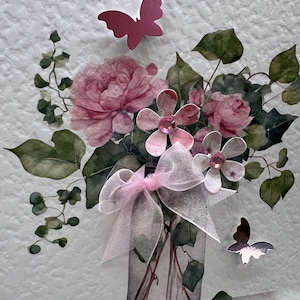 Cartão de aniversário personalizado, cartão personalizado feito à mão, cartão rosa, neta, filha, mãe, aniversário da avó, com flores rosa 3D