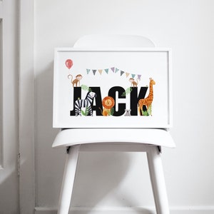 Personalised Safari Animal Print, Zoo Print, Jungle Print, Name Print, New Baby Gift, New Parents Gift, Elephant, Lion, Giraffe