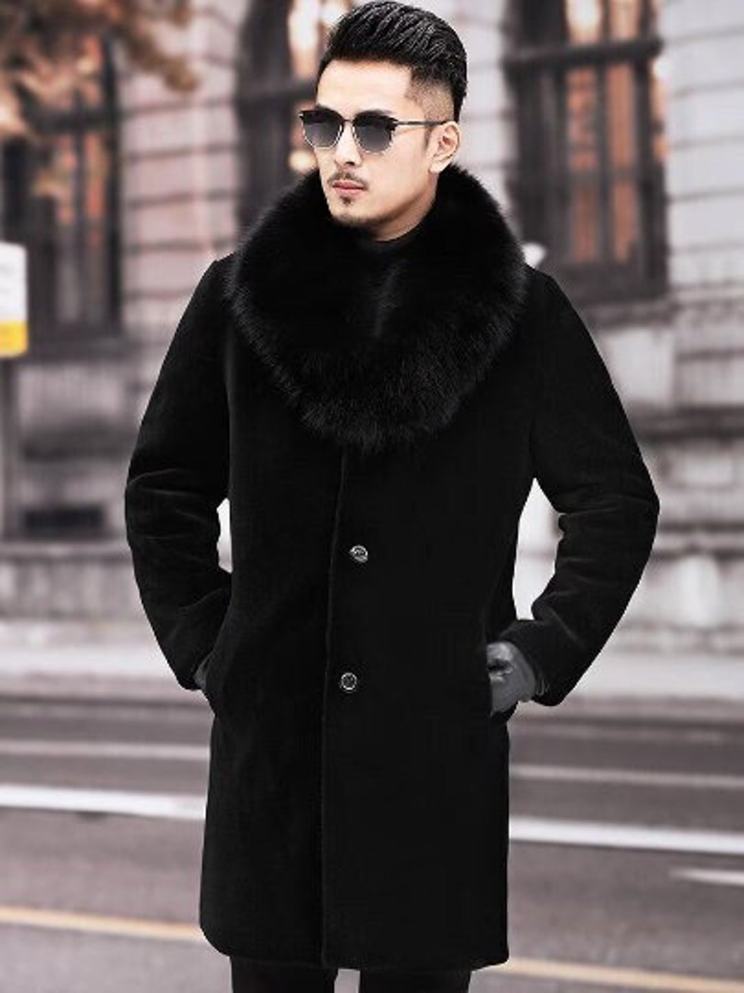 Men's Faux Fur Long Coat Fur Coat Faux Fox Jacket Gift Black Print Coat ...