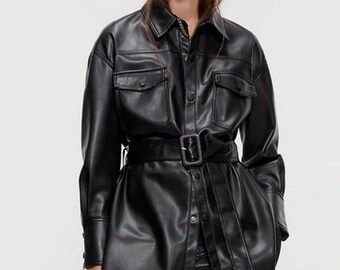 Leather Tie Jacket S Vintage 90s Black 