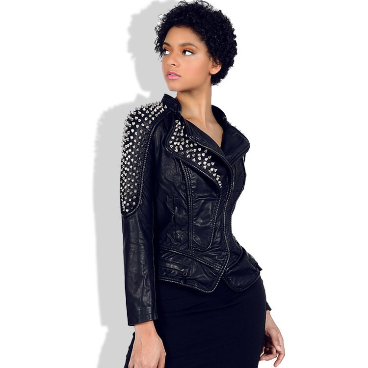 Women's Punk Slim Fit Leather Jacket Shrug Rivet Lapel Leather Jacket Studded Leather Moto Jacket Biker Coat Women's Designer Clothing