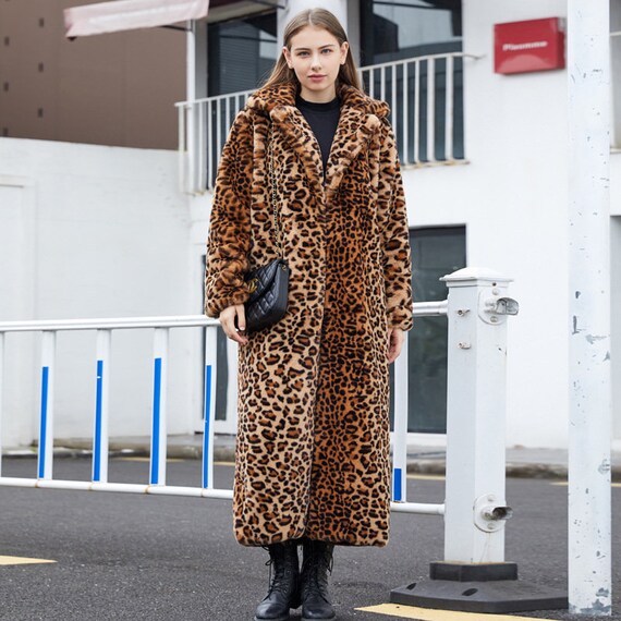 Faux Fur Leopard Coat Long Suit Collar 