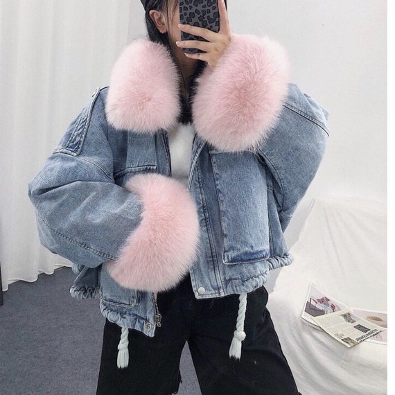 Women Fur Denim Jacket Faux Fur 
