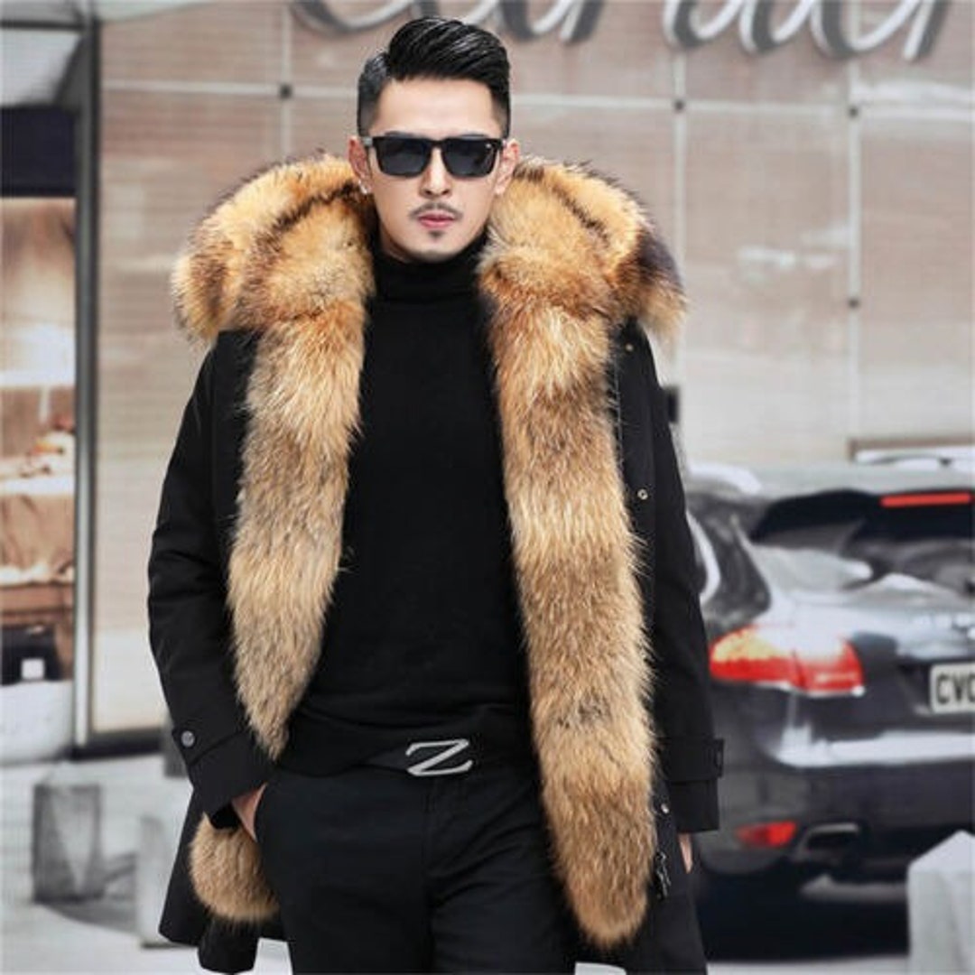 Men's Fox Fur Long Coat Fur Coat Faux Fox Fur Jacket Gift for Him ...