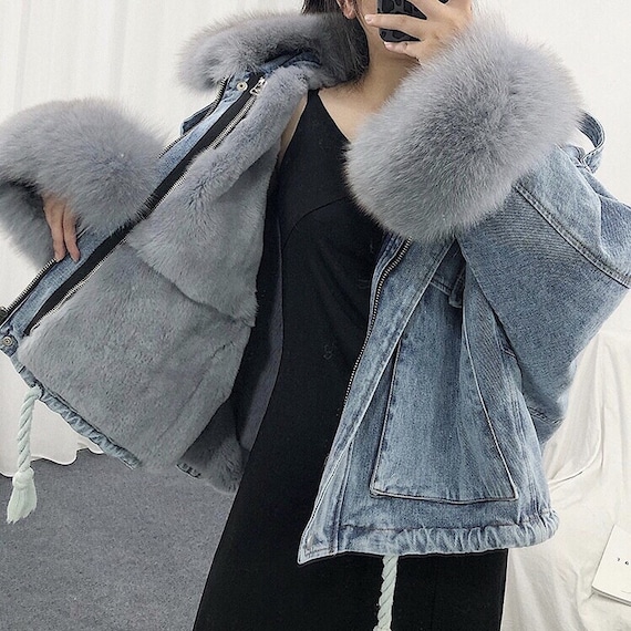 Women Fur Denim Jacket Faux Fur 