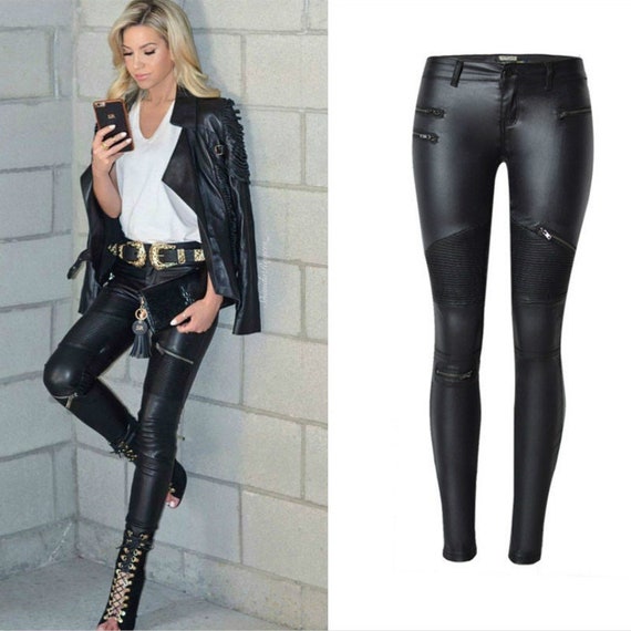 Faux Denim Leather Pants Black Faux 