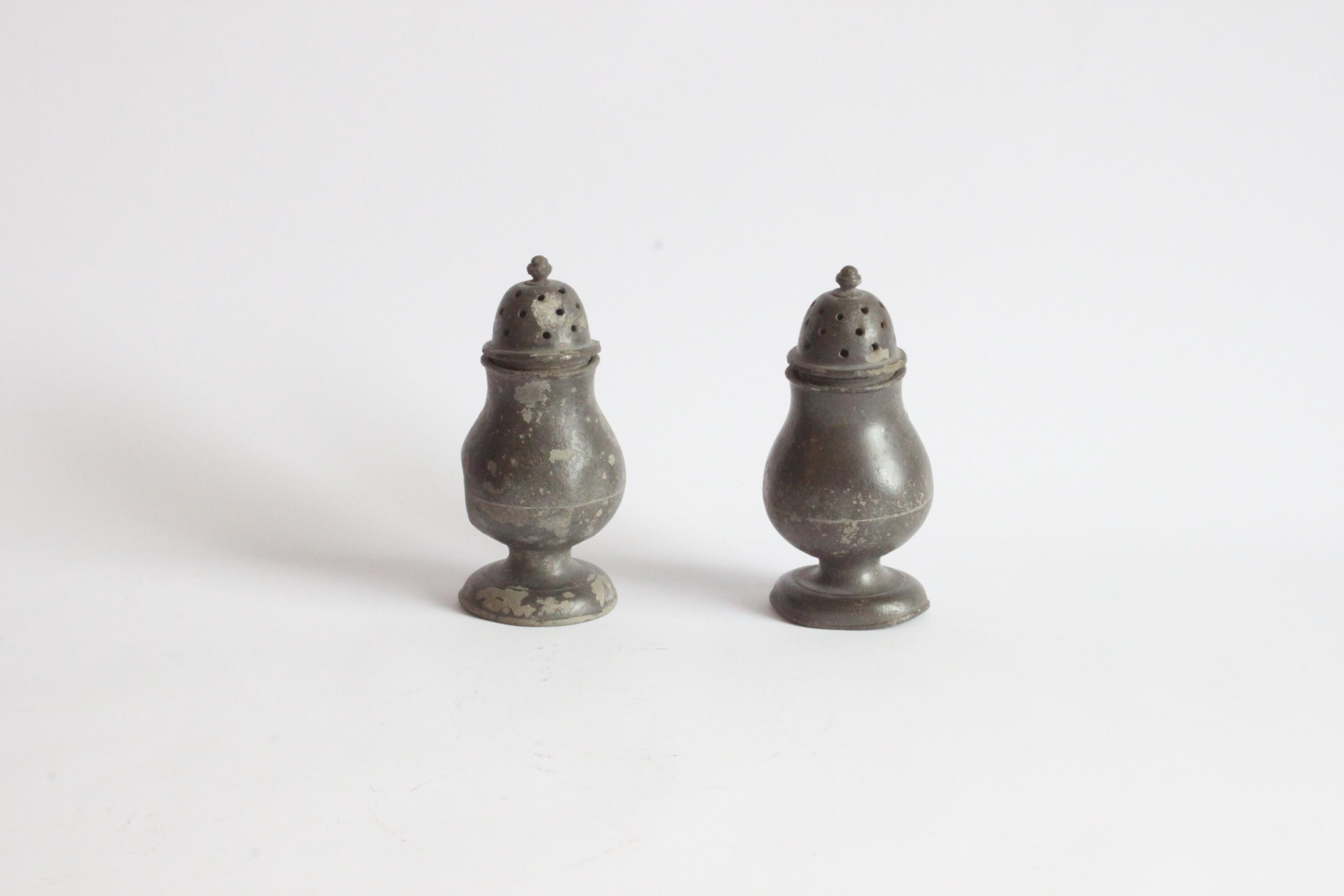 Antique Pewter Shakers: 18th Century Muffineers, Castors (Set of Two)
