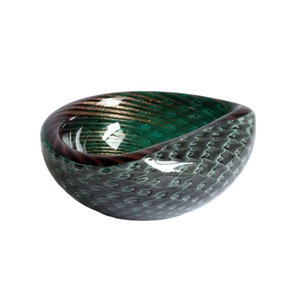 Vintage Murano Glass Bowl: Green Bullicante Filigrana, Gold Avventurine, 1950s