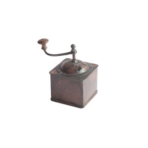 Antique tin snuffbox coffee grinder | hand crank bean mill | france 1900s | faux bois