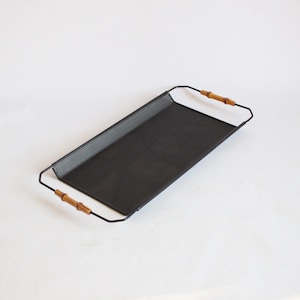 Vintage Black Perforated Metal Tray with Bamboo Handles, 1950s Serving Tray, Mid-Century Modern