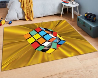 Rubiks kub, Rubiks kubpresent, dekorativ matta, skolmatta, färgglad designermatta, kontorsinredning, fantastisk matta, barnmatta, heltäckningsmatta