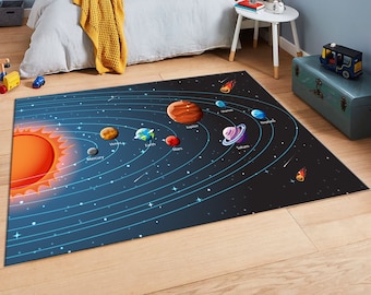 Education Area Rug, for Bedroom Cartoon Space Planet Pattern Carpet Rugs, for Children Rooms, Modern Home Decor, Kids Decor Rug, Blue Planet