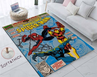 May include: A blue and yellow rug with a comic book design featuring Spider-Man, Iron Man, and other characters. The rug has the text "The Amazing Spider-Man" and "Annual #14" printed on it.
