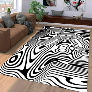 Black and White Rug, Abstract Warped Lines Design, 3D Black and White Lines, Floor Non Slip Rug, Room Mats, Quality Kitchen Bath Floor Rugs
