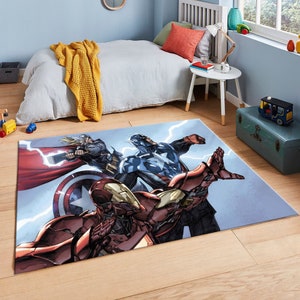 Illustrazione, Thor, Capitan America, Iron Man, Fumetti, Tappeto per bambini, Tappeto decorativo, Tappeto per la cameretta dei bambini, Tappeto con cartoni animati, Ottima idea regalo, Tappeto per bambini